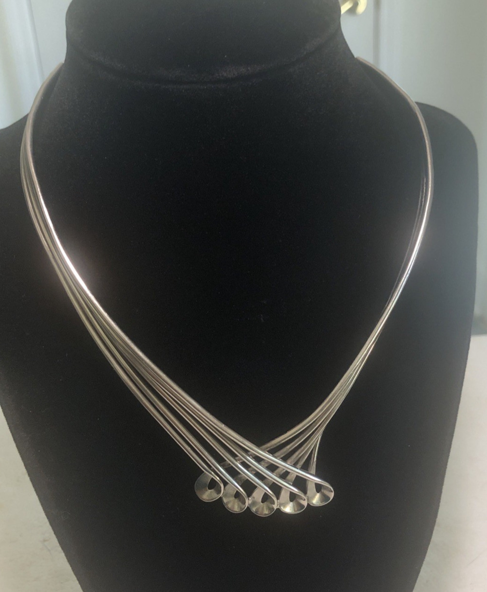 Vtg Silver toned multi strand choker Torque necklace 52g modernist 1980's retro
